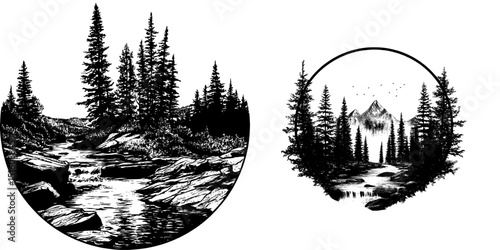 A panoramic view of a forest with a stream and rocks, depicted in a black and white outline line art drawing