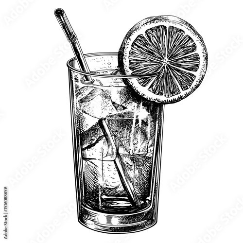 Vintage outline line art drawing in black and white of a refreshing glass of ice tea with a lemon slice