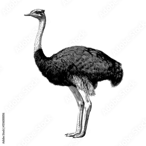 The ostrich is depicted in a contemporary black and white pencil ink sketch with a monochrome engraving aesthetic