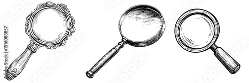 The magnifying glass is illustrated in a simple black and white outline line art drawing with detailed woodcut style