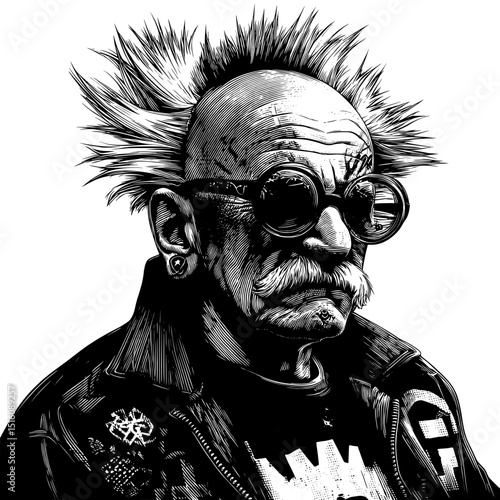 Elderly gentlemen sporting punk-inspired hairstyles, tattoos, and vintage clothing, blending classic fashion with alternative subculture elements in a sketch engraving style, generated by modern AI