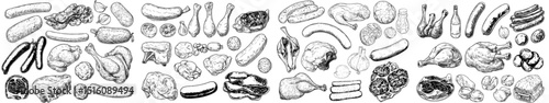A modern illustration of fresh raw meat collection is presented in a sketch style, featuring hand drawn isolated design elements of various food items, including pieces of beef steak, ham, pork