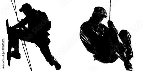 A man in a thief pose is climbing, as seen in a poster with a silhouette isolated on a white background in monochrome