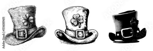 The Irish holiday of Saint Patrick day is symbolized by a modern representation of a retro cartoon top hat, specifically a green cylinder hat with shamrock clover and a golden buckle