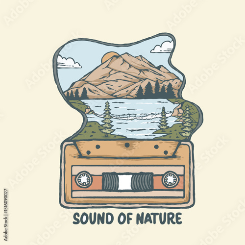 A charming Handrawn illustration of cassette tape with a scenic lake and mountain landscape inside,perfect for music, nostalgia, retro themed design, tshirt outdoor design, stickers outdoor design,