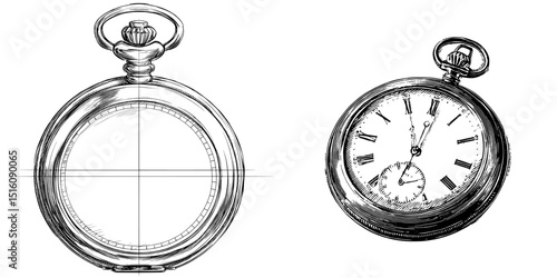 A pocket watch is depicted in a detailed close-up using black and white outline line art in an engrave style drawing