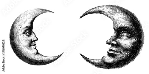 The face of a crescent moon is illustrated in a simple black and white outline, engraved in a scratch board imitation