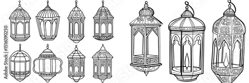 A modern hand-drawn set of five ornate Islamic lanterns featuring intricate patterns is depicted in black and white illustration isolated on a white background