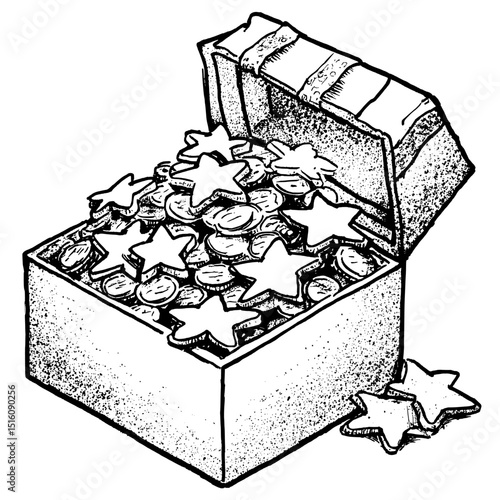 An outlined illustration in a playful style, showing a gift box that is overflowing with stars and coins