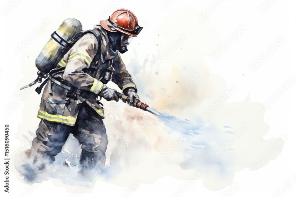 Fototapeta premium Firefighter spraying water firefighter helmet adult.