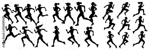 An assortment of black outlines illustrating women engaged in various athletic running postures