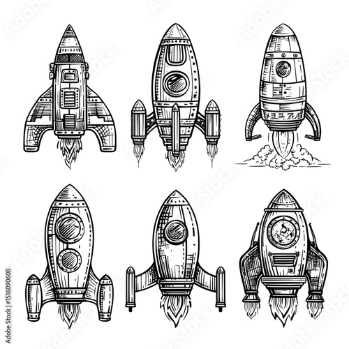 Innovative rocket designs displayed in black and white highlight diverse launch methods and techniques