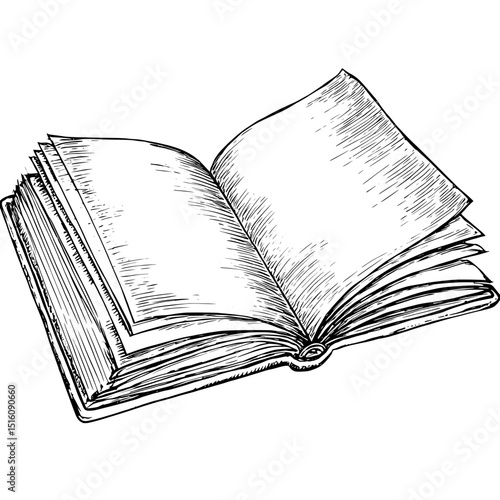 The image of an open book is shown as a black and white outline sketch that looks like an engraving and imitates a scratch board