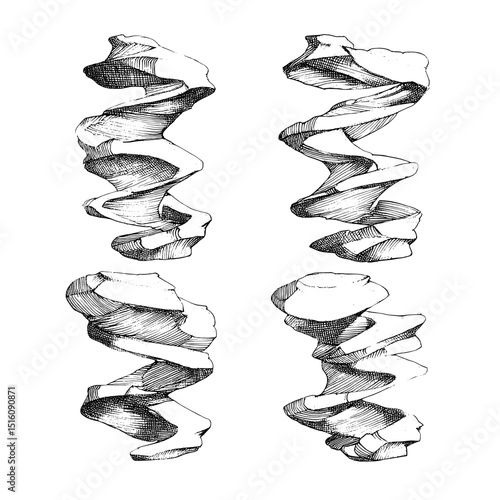 In a minimalist setting, a modern illustration highlights elegant twisting sculptures with intricate hand-drawn style designs