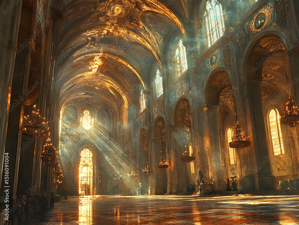 Ornate interior perspective showcasing architectural grandeur and ethereal light Ornate interior perspective showcasing architectural grandeur and ethereal light