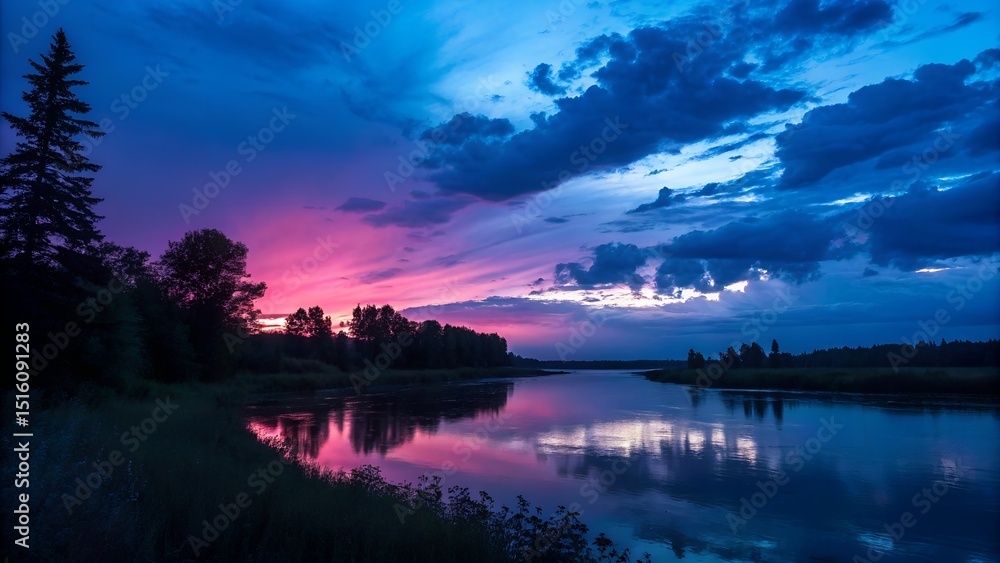 Fototapeta premium Sunset Symphony: A tranquil lake reflects a breathtaking canvas of colors painted across the sky, with shades of pink, purple, and blue creating a mesmerizing symphony of light and serenity.