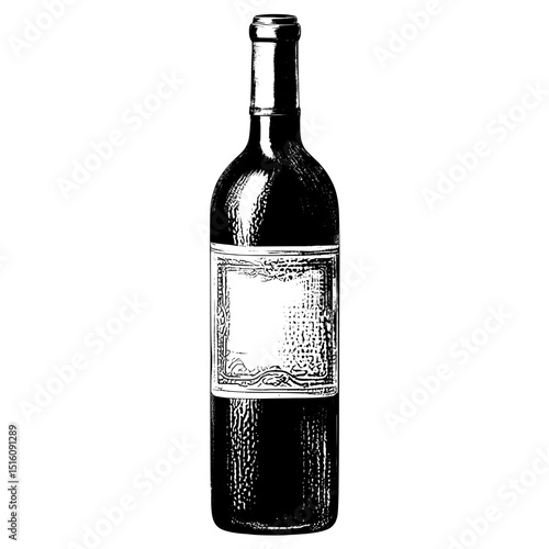 A minimalist and modern illustration, the vintage wine bottle is shown in detailed black and white, with a monochrome aesthetic, isolated on white
