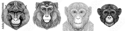 An artistic, monochrome illustration of a monkey's face, featuring detailed patterns and designs that highlight its features, is presented in Intricate Monkey Portrait