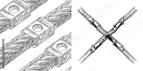 A hand-drawn sketch of modern design showcases cables intertwined and fastened together with metallic fixtures