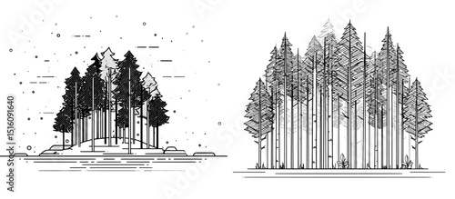 Clean lines define towering evergreen trees in Minimalist Forest Silhouette, conveying the serene beauty of nature in an illustrative format