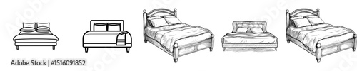 A bedstead or bed icon is utilized for a bedroom sleep setting or a home furniture store, embodying a modern emblem, and also a bed with pillows and blanket silhouette icon is used for an interior