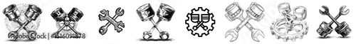 Modern sign for car auto shop or automobile mechanic station, spare parts icon, symbolized by crossed engine pistons in a cogwheel or gear wheel for automotive workshop and auto service
