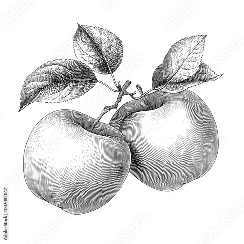 Two apples with leaves are the subject of a vintage modern illustration
