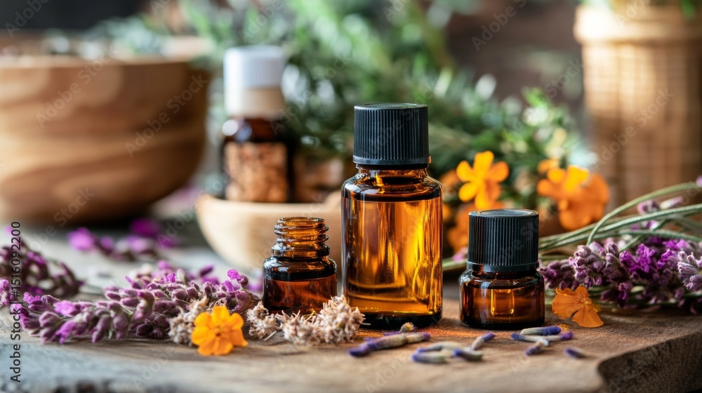 Essential oil bottles with herbs on wooden table for wellness aromatherapy natural remedy spa product photography Essential oil bottles with herbs on wooden table for wellness aromatherapy natural remedy spa product photography