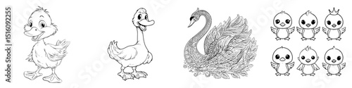 Coloring pages of cute swans designed for kids, featuring a black and white cartoon illustration