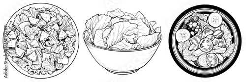 A contemporary bowl of salad depicted in black and white is perfect for coloring pages, icons, or menu designs