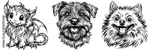 The Brussels Griffon is depicted in a dog silhouette as a modern pet character through clip art and realistic drawing in black and white