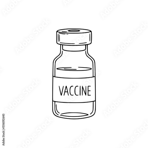Line drawing of a vaccine bottle with label on a transparent background  