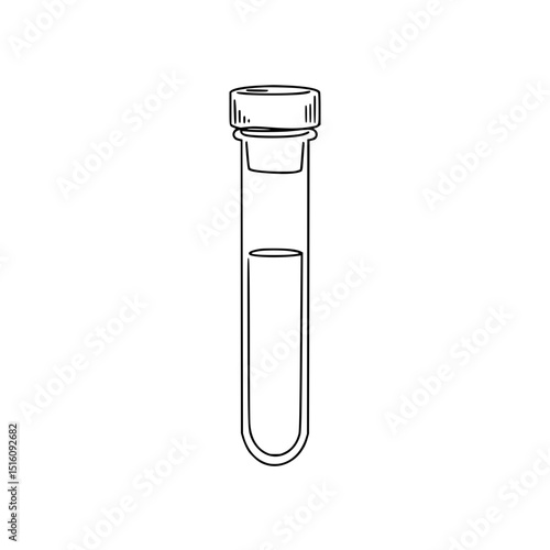 Line drawing of a laboratory test tube with liquid inside on transparent background  