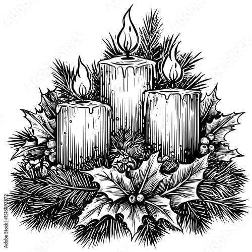 A hand-drawn sketch engraving style modern illustration features thick Christmas candles that are burning