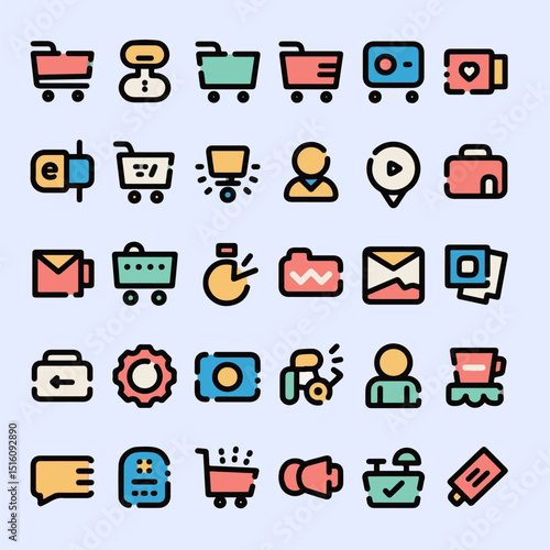 Colorful shopping cart, payment, delivery, and online store icons for digital store concept. E-commerce collection icon vector perfect for web use.