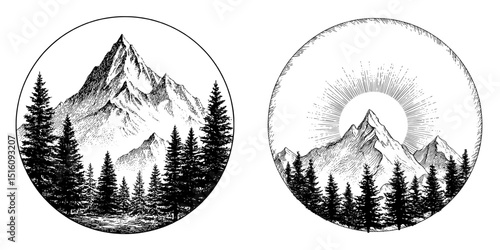 Modern illustration of a mountain landscape with pine trees, created in a hand-drawn ink sketch style with engraved logotype elements