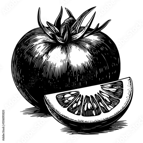 A modern illustration of tomatos in vintage woodcut engraving style is isolated on white