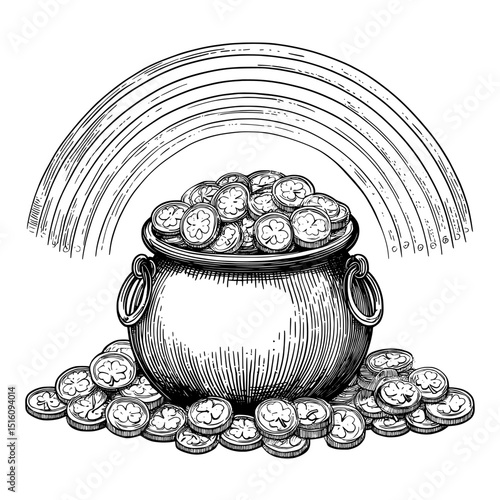 A classic black and white drawing of a pot of gold beneath a rainbow, symbolizing St. Patrick's Day