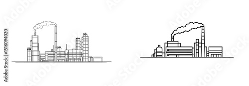 Industrial plant outline created through continuous one line drawing, featuring factory architecture, buildings, and landmarks, highlighting air pollution and ecology concepts