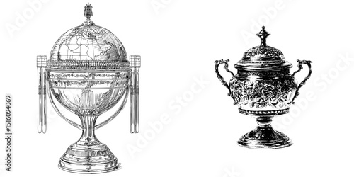 Sporting excellence is depicted in a vintage cricket trophy sketch done in black and white