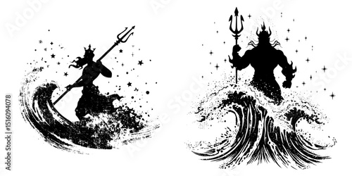 Neptune poseidon is represented in a modern illustration as a logo icon or sticker