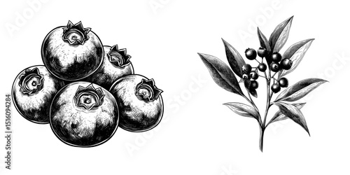 A template for label design, this features hand drawn modern blueberry illustrations in black and white ink, showcasing bilberry leaves and berries on a clean white background