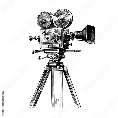 A movie camera standing on a tripod is illustrated in a modern, hand-drawn doodle style with vintage line art elements, engraved in a black and white color scheme, typically used in coloring books