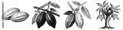 Modern illustrations of cocoa beans, including hand-drawn designs and black and white cocoa beans isolated on a white background