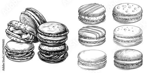 Hand-drawn macaroons in black and white are illustrated in a modern style, set against a clean white background