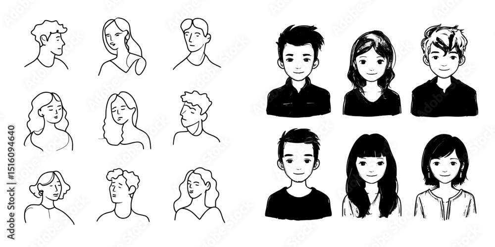 Fototapeta premium Collection of avatar cartoon images for mobile UI profiles, featuring male and female faces in a modern outline stroke style, representing unknown or anonymous individuals