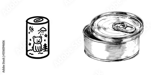The image features a tin can doodle hand drawn icon, a tin can camp, and canned food, all in a drawing outline clipart