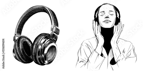 Stylized illustration of headphones done in black and white, evoking a sound experience