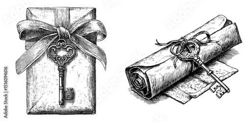Tied with a ribbon to a rectangular, rustic package was an antique key that had been sketched
