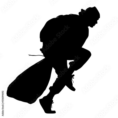 The modern silhouette of a black bag is carried by a minimalist thief set against a white backdrop